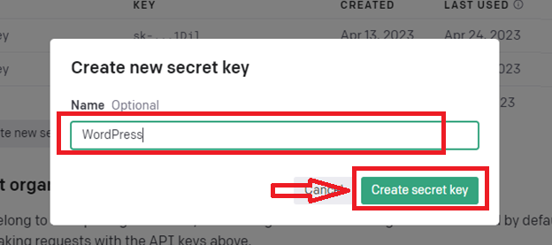 nhập tên cho secret key và chọn create